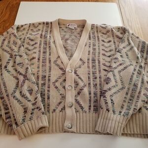 Vintage Sansabelt Beige Knit Button-Up Cardigan with Multicolor Pattern